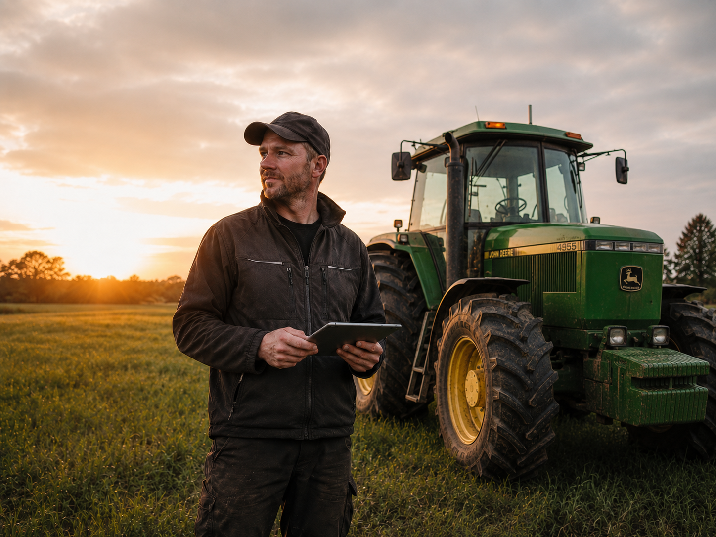 Lantbrukare med surfplatta framför traktor
